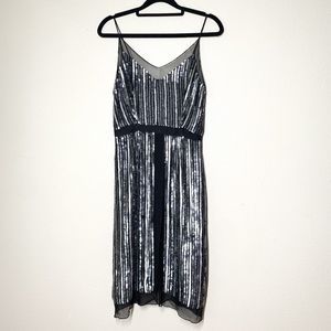Scala Gunmetal Sequin Black Silk Mini Dress S Spaghetti Strap Evening Formal